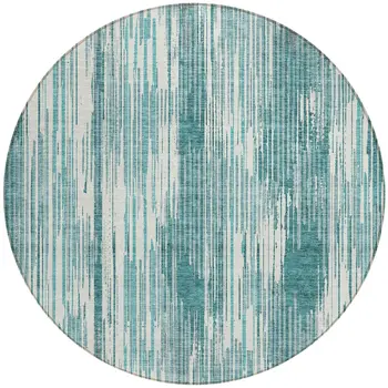 8' Teal Blue And Ivory Round Striped Washable Indoor Outdoor Area Rug