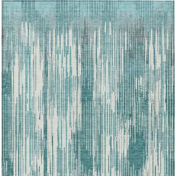 8' X 10' Teal Blue And Ivory Striped Washable Indoor Outdoor Area Rug
