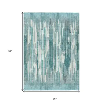 8' X 10' Teal Blue And Ivory Striped Washable Indoor Outdoor Area Rug