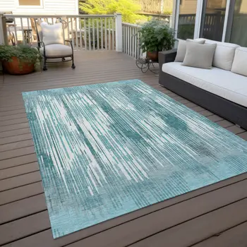 8' X 10' Teal Blue And Ivory Striped Washable Indoor Outdoor Area Rug
