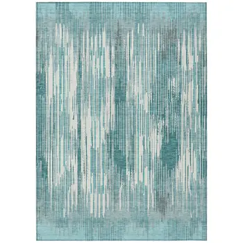 8' X 10' Teal Blue And Ivory Striped Washable Indoor Outdoor Area Rug