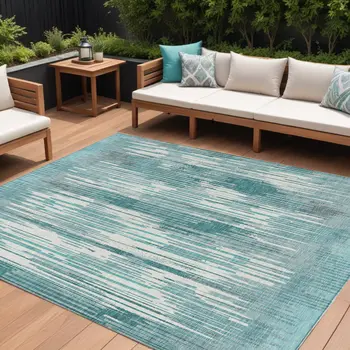 9' X 12' Teal Blue And Ivory Striped Washable Indoor Outdoor Area Rug