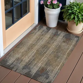 3' X 5' Taupe Gray And Ivory Striped Washable Indoor Outdoor Area Rug