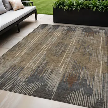5' X 8' Taupe Gray And Ivory Striped Washable Indoor Outdoor Area Rug