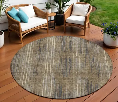 8' Taupe Gray And Ivory Round Striped Washable Indoor Outdoor Area Rug
