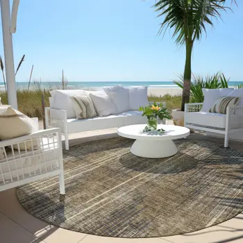 8' Taupe Gray And Ivory Round Striped Washable Indoor Outdoor Area Rug