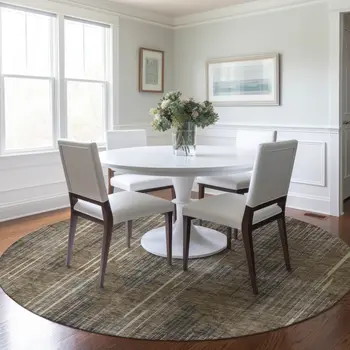 8' Taupe Gray And Ivory Round Striped Washable Indoor Outdoor Area Rug