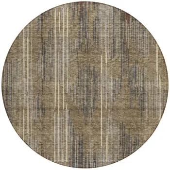 8' Taupe Gray And Ivory Round Striped Washable Indoor Outdoor Area Rug