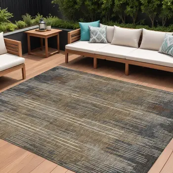 10' X 14' Taupe Gray And Ivory Striped Washable Indoor Outdoor Area Rug