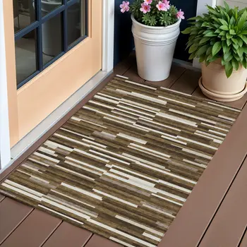 3' X 5' Brown And Ivory Striped Washable Indoor Outdoor Area Rug