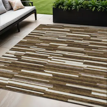 5' X 8' Brown And Ivory Striped Washable Indoor Outdoor Area Rug