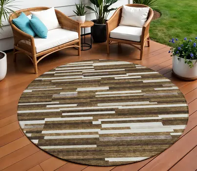 8' Brown And Ivory Round Striped Washable Indoor Outdoor Area Rug