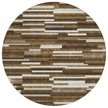 8' Brown And Ivory Round Striped Washable Indoor Outdoor Area Rug