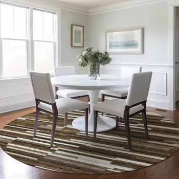 8' Brown And Ivory Round Striped Washable Indoor Outdoor Area Rug