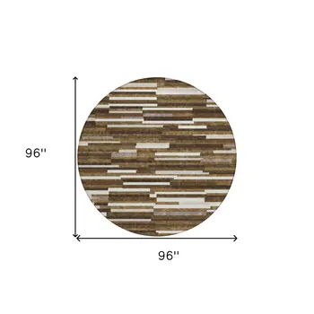 8' Brown And Ivory Round Striped Washable Indoor Outdoor Area Rug