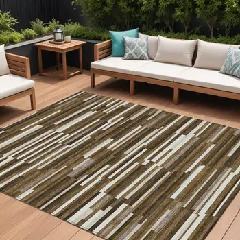 8' X 10' Brown And Ivory Striped Washable Indoor Outdoor Area Rug