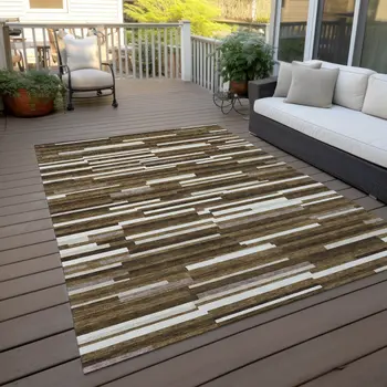 8' X 10' Brown And Ivory Striped Washable Indoor Outdoor Area Rug