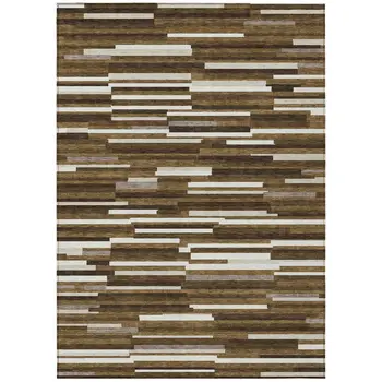 8' X 10' Brown And Ivory Striped Washable Indoor Outdoor Area Rug