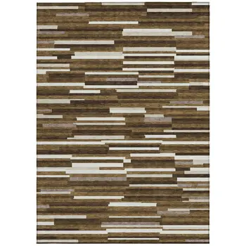 9' X 12' Brown And Ivory Striped Washable Indoor Outdoor Area Rug