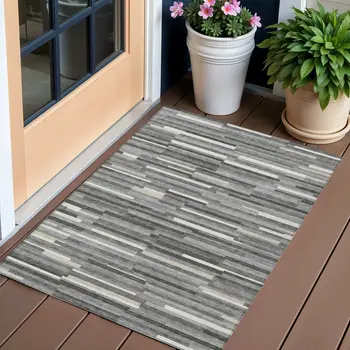 3' X 5' Gray And Ivory Striped Washable Indoor Outdoor Area Rug