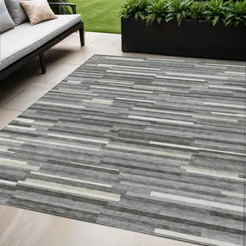 5' X 8' Gray And Ivory Striped Washable Indoor Outdoor Area Rug