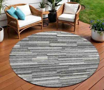 8' Gray And Ivory Round Striped Washable Indoor Outdoor Area Rug