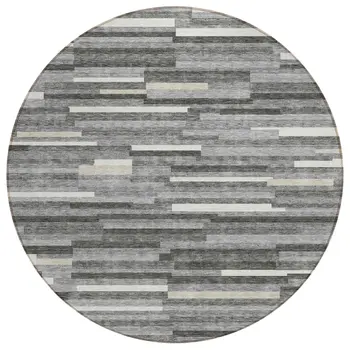 8' Gray And Ivory Round Striped Washable Indoor Outdoor Area Rug