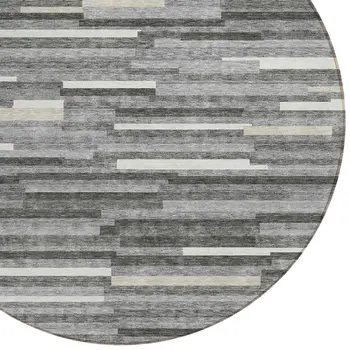 8' Gray And Ivory Round Striped Washable Indoor Outdoor Area Rug
