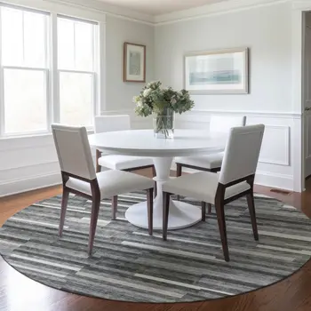 8' Gray And Ivory Round Striped Washable Indoor Outdoor Area Rug