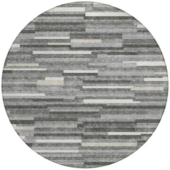 8' Gray And Ivory Round Striped Washable Indoor Outdoor Area Rug