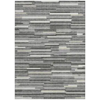 8' X 10' Gray And Ivory Striped Washable Indoor Outdoor Area Rug