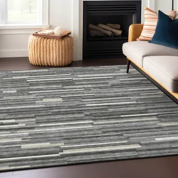 9' X 12' Gray And Ivory Striped Washable Indoor Outdoor Area Rug