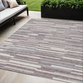 5' X 8' Lavender Gray And Ivory Striped Washable Indoor Outdoor Area Rug