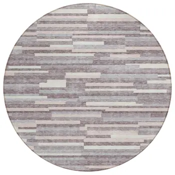 8' Lavender Gray And Ivory Round Striped Washable Indoor Outdoor Area Rug