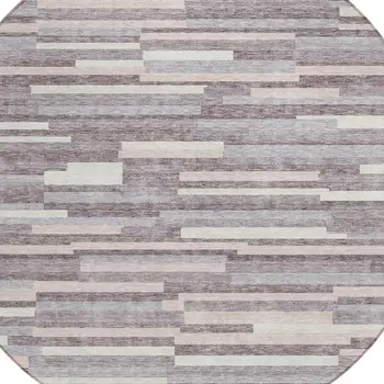 8' Lavender Gray And Ivory Round Striped Washable Indoor Outdoor Area Rug