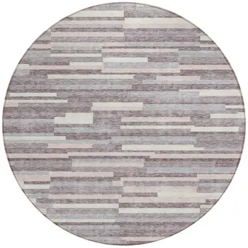 8' Lavender Gray And Ivory Round Striped Washable Indoor Outdoor Area Rug