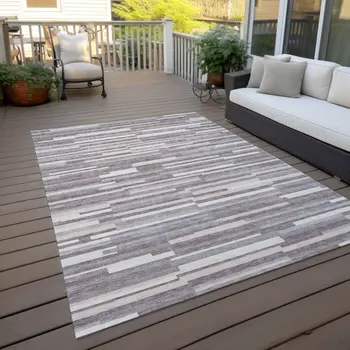 9' X 12' Lavender Gray And Ivory Striped Washable Indoor Outdoor Area Rug