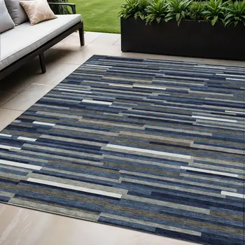 5' X 8' Navy Blue Gray And Ivory Striped Washable Indoor Outdoor Area Rug