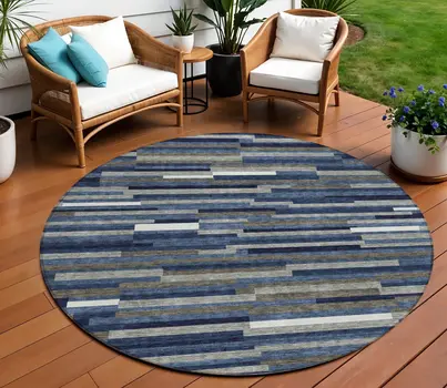 8' Navy Blue Gray And Ivory Round Striped Washable Indoor Outdoor Area Rug