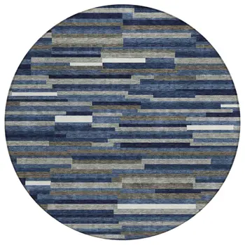 8' Navy Blue Gray And Ivory Round Striped Washable Indoor Outdoor Area Rug
