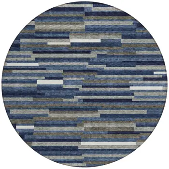 8' Navy Blue Gray And Ivory Round Striped Washable Indoor Outdoor Area Rug