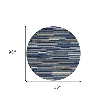 8' Navy Blue Gray And Ivory Round Striped Washable Indoor Outdoor Area Rug