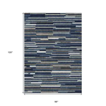 8' X 10' Navy Blue Gray And Ivory Striped Washable Indoor Outdoor Area Rug
