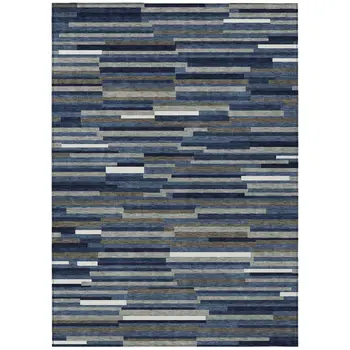 8' X 10' Navy Blue Gray And Ivory Striped Washable Indoor Outdoor Area Rug