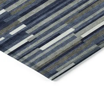 8' X 10' Navy Blue Gray And Ivory Striped Washable Indoor Outdoor Area Rug