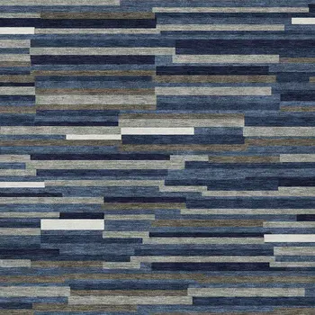 9' X 12' Navy Blue Gray And Ivory Striped Washable Indoor Outdoor Area Rug