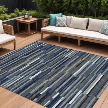 10' X 14' Navy Blue Striped Washable Indoor Outdoor Area Rug