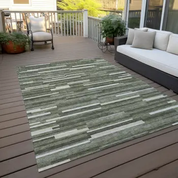 3' X 5' Olive Green Gray And Ivory Striped Washable Indoor Outdoor Area Rug