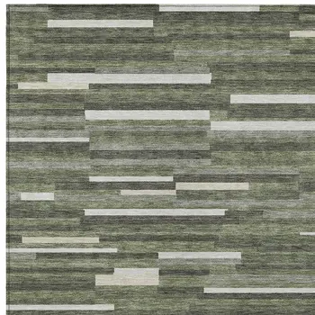 3' X 5' Olive Green Gray And Ivory Striped Washable Indoor Outdoor Area Rug