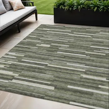 5' X 8' Olive Green Gray And Ivory Striped Washable Indoor Outdoor Area Rug